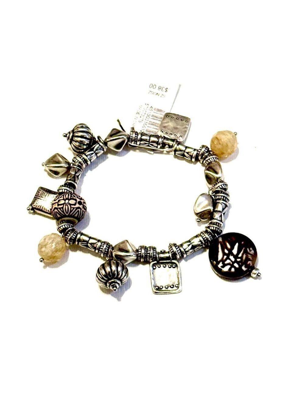 Chico's Charm Bracelet NWT Silver Tone Beaded Stretch